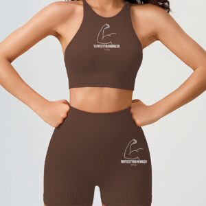 TT28 2 Pc Gym Set Crop w Shorts & Sports Bra Brown