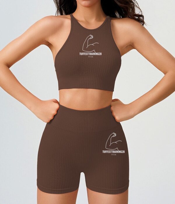 TT28 2 Pc Gym Set Crop w Shorts & Sports Bra Brown
