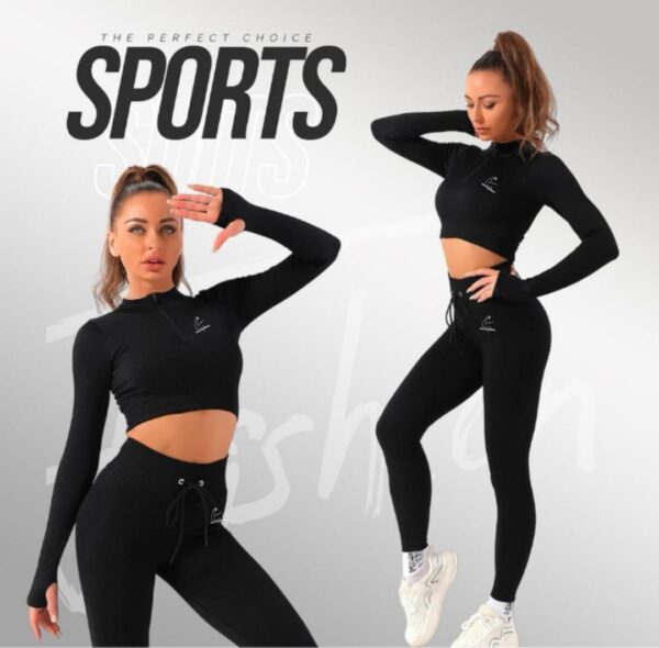 TT28 2 Pc Gym Set Crop w/ Leggings & Jacket Black - Image 2