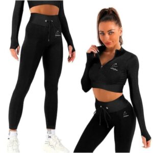 TT28 2 Pc Gym Set Crop w/ Leggings & Jacket Black