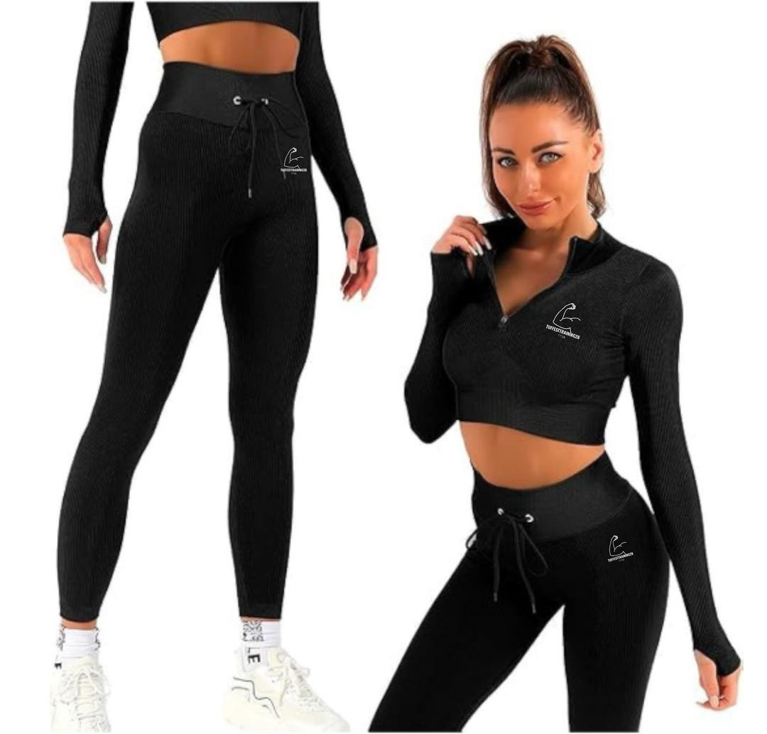 TT28 2 Pc Gym Set Crop w/ Leggings & Jacket Black