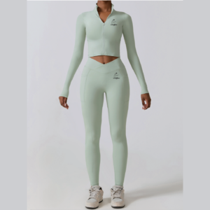 TT28 2 Pc Gym Set w/ Leggings & L/S Top Light Green